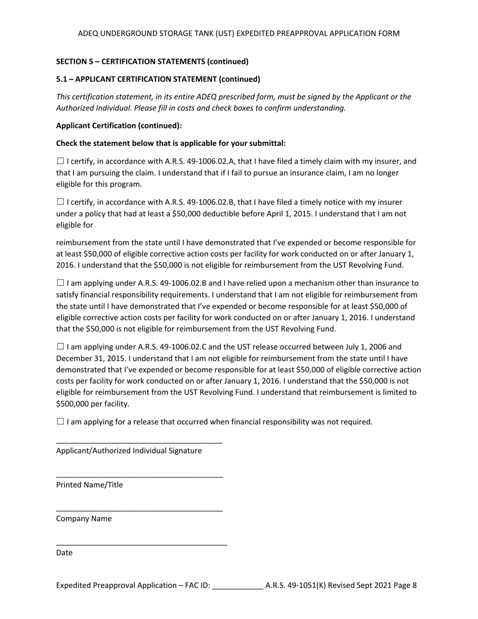 Ust Program Expedited Preapproval Application Under Arizona Revised Statutes (A.r.s.) 49-1051(K) - Arizona, Page 8