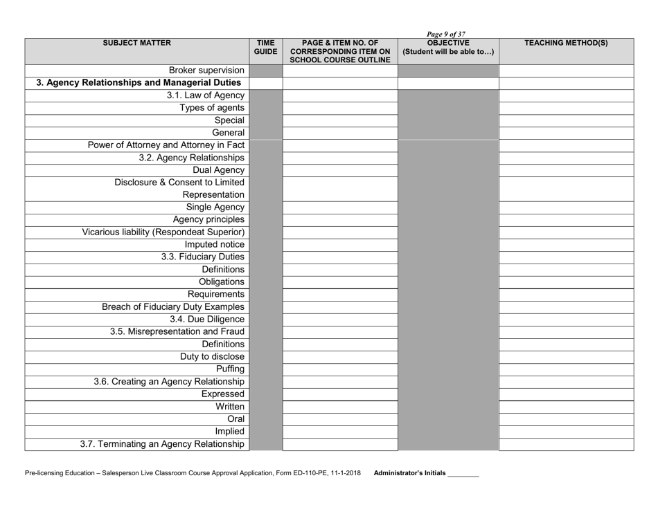 Form ED-110-PE Pre-licensing Education - Salesperson Live Classroom Certificate of Course Approval Application - Arizona, Page 11