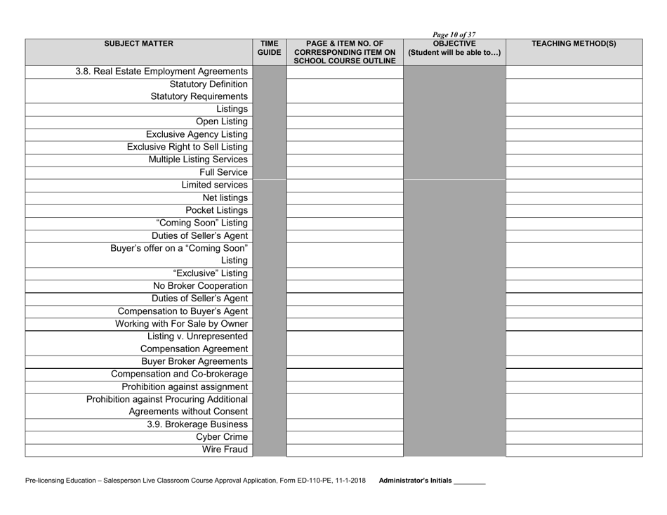 Form ED-110-PE Pre-licensing Education - Salesperson Live Classroom Certificate of Course Approval Application - Arizona, Page 12