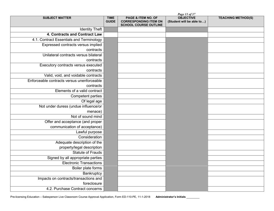 Form ED-110-PE Pre-licensing Education - Salesperson Live Classroom Certificate of Course Approval Application - Arizona, Page 13