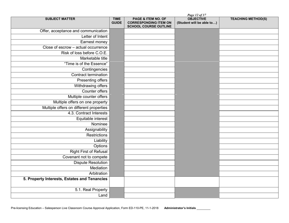 Form ED-110-PE Pre-licensing Education - Salesperson Live Classroom Certificate of Course Approval Application - Arizona, Page 14