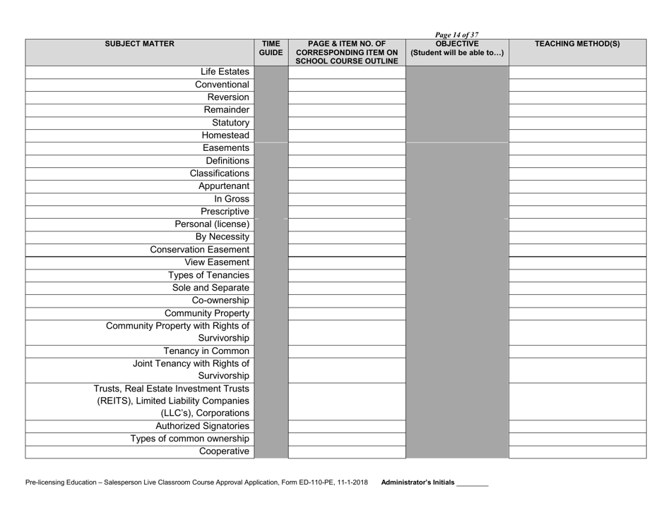 Form ED-110-PE Pre-licensing Education - Salesperson Live Classroom Certificate of Course Approval Application - Arizona, Page 16