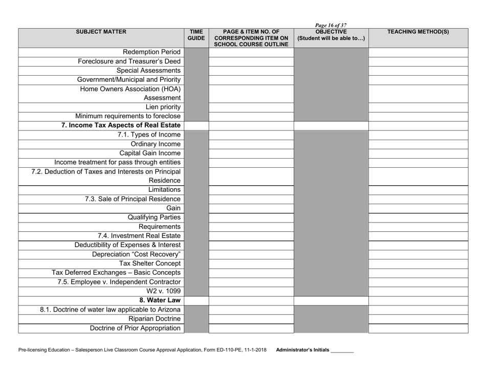 Form ED-110-PE Pre-licensing Education - Salesperson Live Classroom Certificate of Course Approval Application - Arizona, Page 18