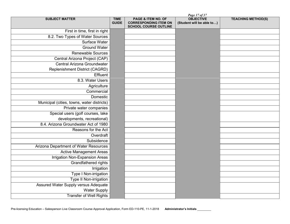 Form ED-110-PE Pre-licensing Education - Salesperson Live Classroom Certificate of Course Approval Application - Arizona, Page 19