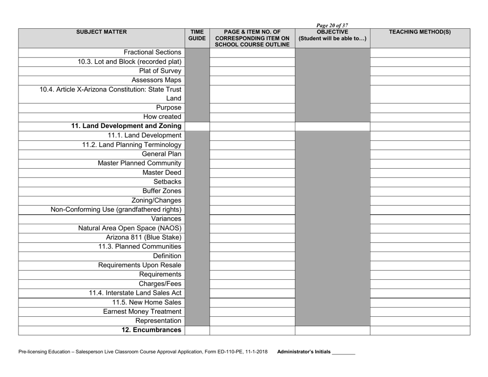 Form ED-110-PE Pre-licensing Education - Salesperson Live Classroom Certificate of Course Approval Application - Arizona, Page 22
