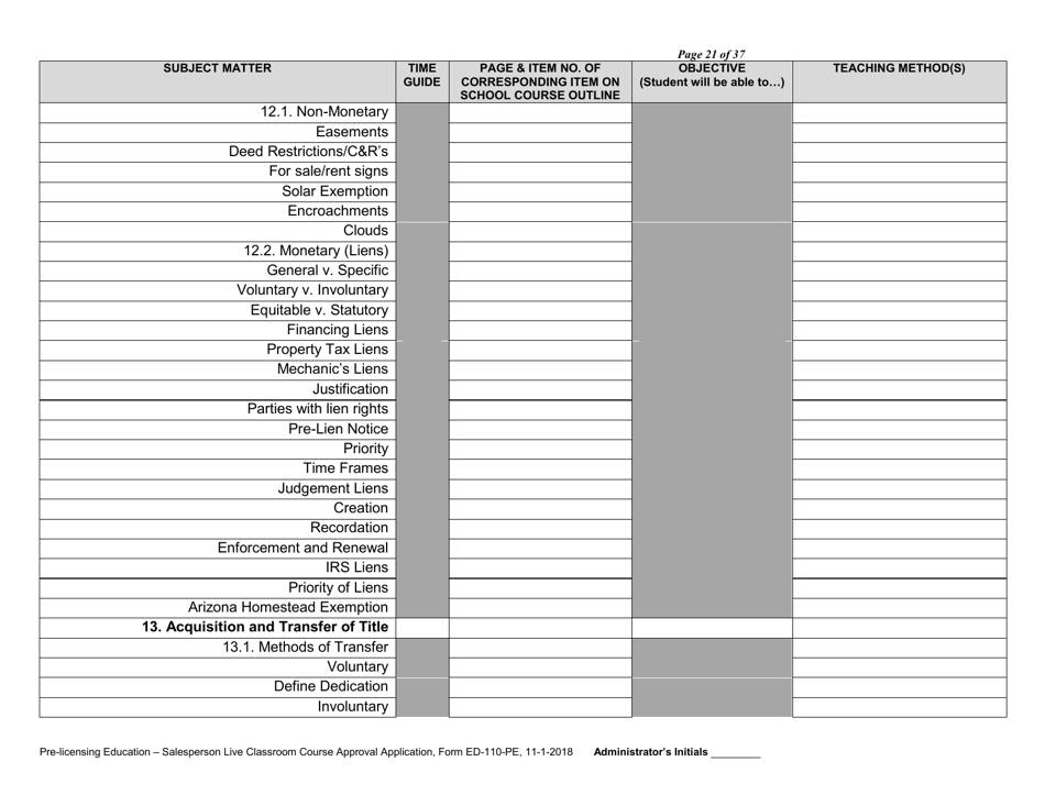 Form ED-110-PE Pre-licensing Education - Salesperson Live Classroom Certificate of Course Approval Application - Arizona, Page 23