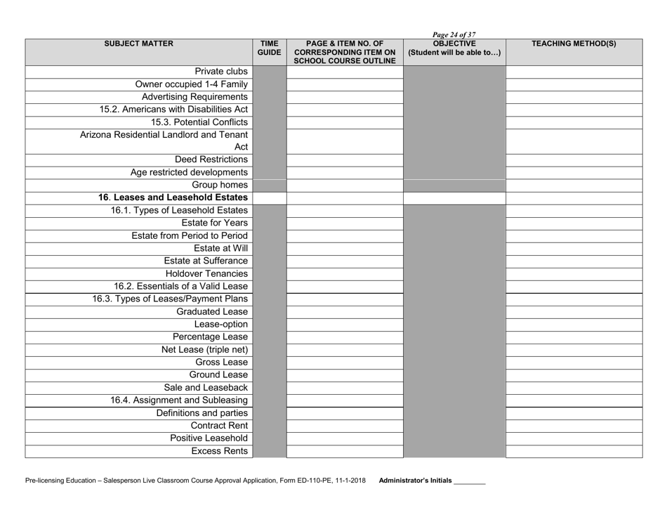 Form ED-110-PE Pre-licensing Education - Salesperson Live Classroom Certificate of Course Approval Application - Arizona, Page 26