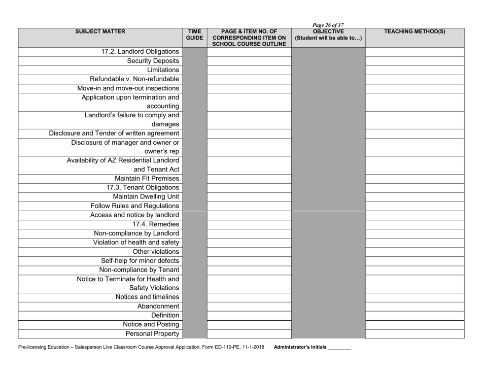 Form ED-110-PE Pre-licensing Education - Salesperson Live Classroom Certificate of Course Approval Application - Arizona, Page 28