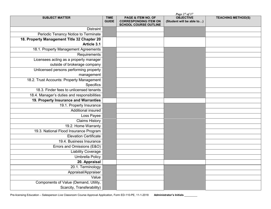 Form ED-110-PE Pre-licensing Education - Salesperson Live Classroom Certificate of Course Approval Application - Arizona, Page 29