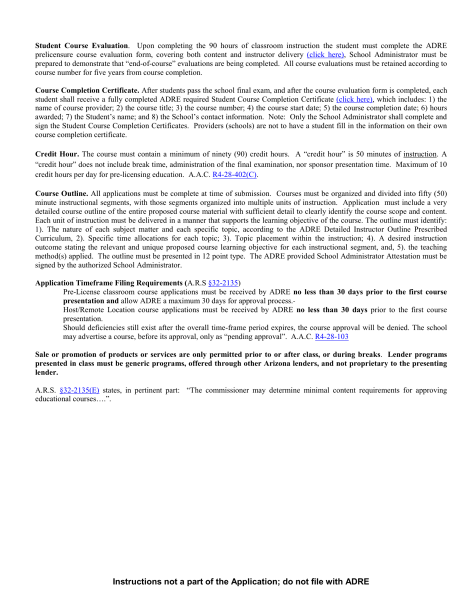 Form ED-110-PE Pre-licensing Education - Salesperson Live Classroom Certificate of Course Approval Application - Arizona, Page 2
