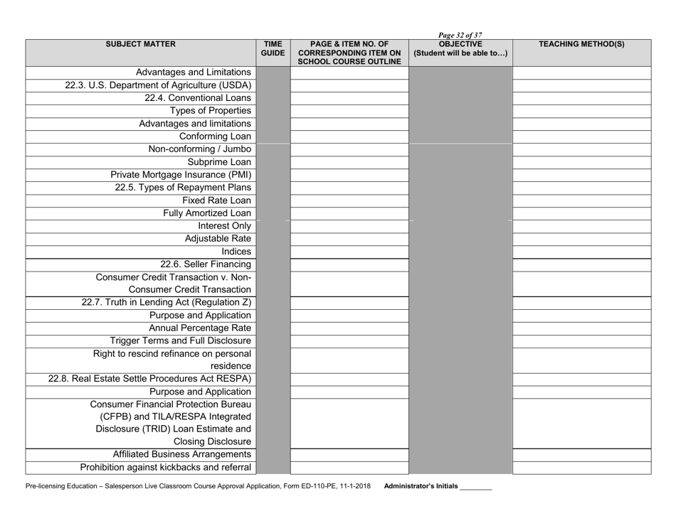 Form ED-110-PE Pre-licensing Education - Salesperson Live Classroom Certificate of Course Approval Application - Arizona, Page 34