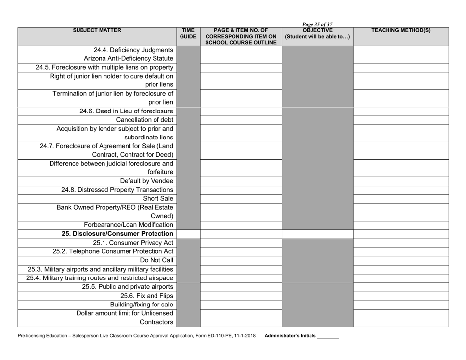 Form ED-110-PE Pre-licensing Education - Salesperson Live Classroom Certificate of Course Approval Application - Arizona, Page 37