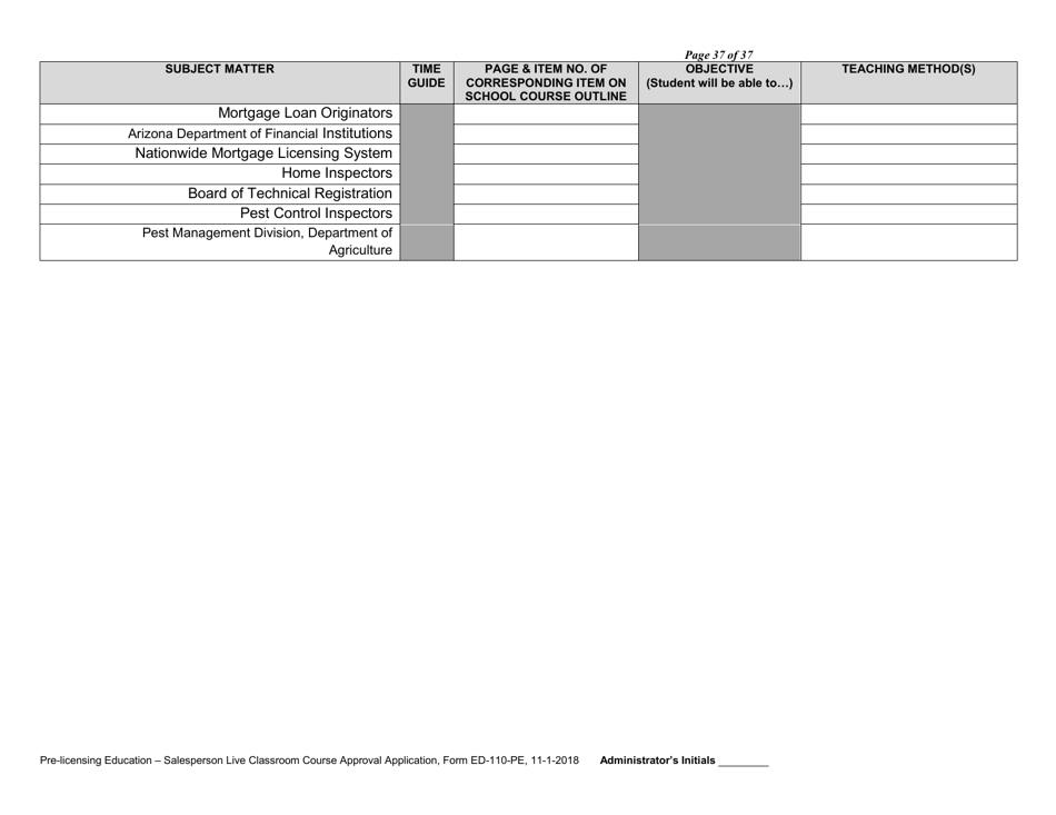 Form ED-110-PE Pre-licensing Education - Salesperson Live Classroom Certificate of Course Approval Application - Arizona, Page 39