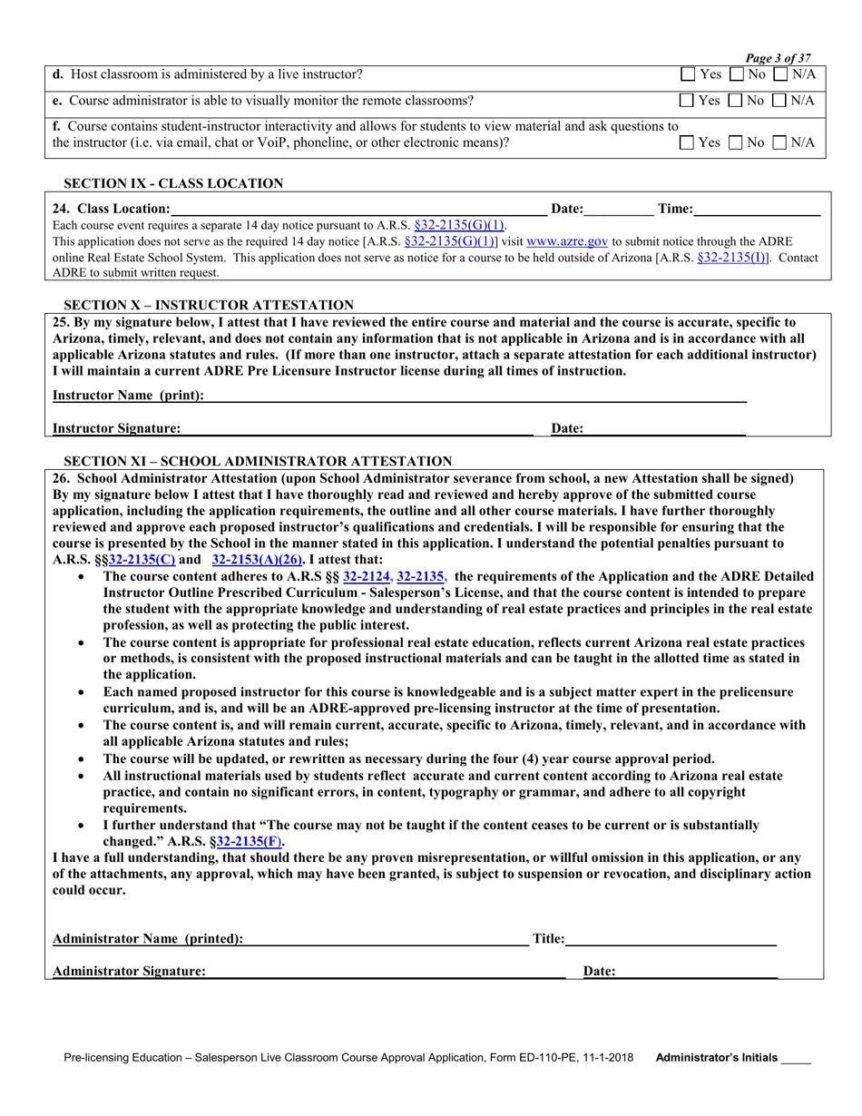 Form ED-110-PE Pre-licensing Education - Salesperson Live Classroom Certificate of Course Approval Application - Arizona, Page 5