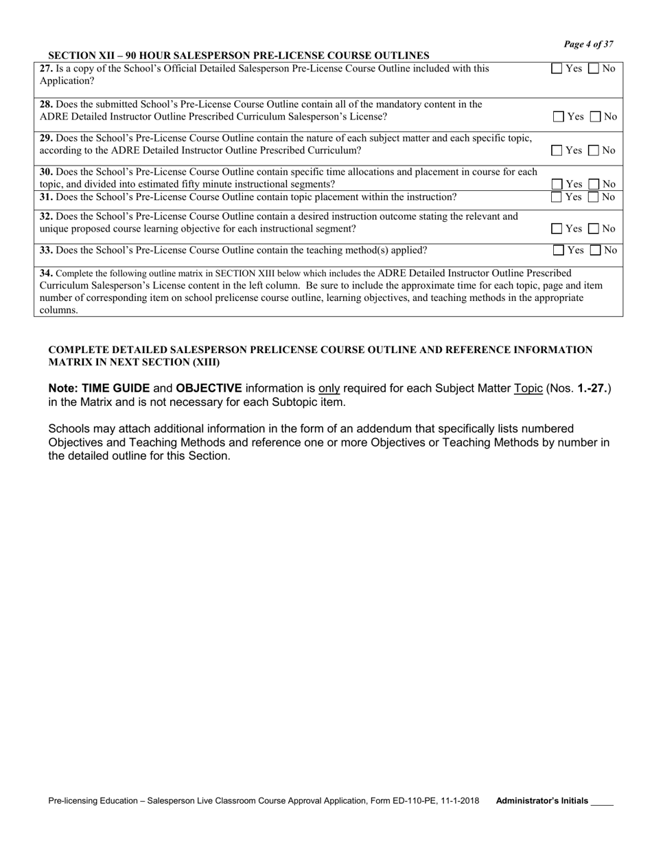 Form ED-110-PE Pre-licensing Education - Salesperson Live Classroom Certificate of Course Approval Application - Arizona, Page 6