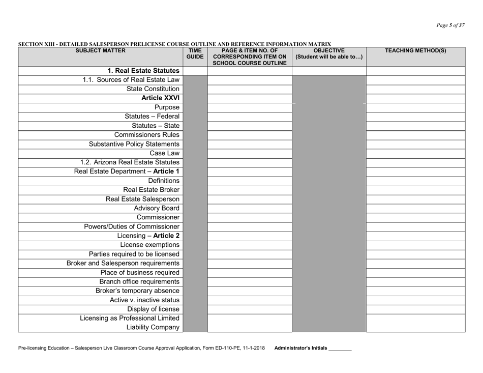 Form ED-110-PE Pre-licensing Education - Salesperson Live Classroom Certificate of Course Approval Application - Arizona, Page 7