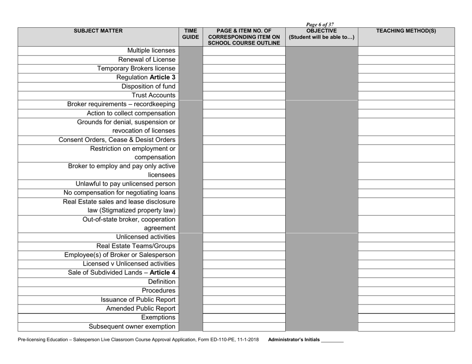 Form ED-110-PE Pre-licensing Education - Salesperson Live Classroom Certificate of Course Approval Application - Arizona, Page 8