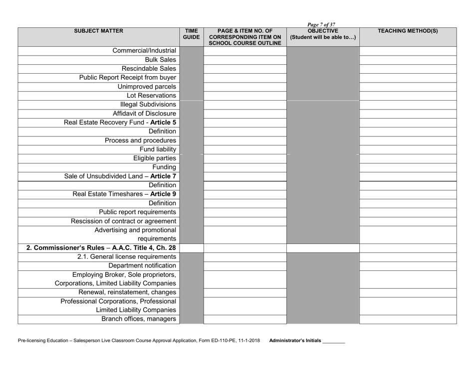 Form ED-110-PE Pre-licensing Education - Salesperson Live Classroom Certificate of Course Approval Application - Arizona, Page 9