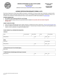Form LI-217 &quot;License Certification Request&quot; - Arizona