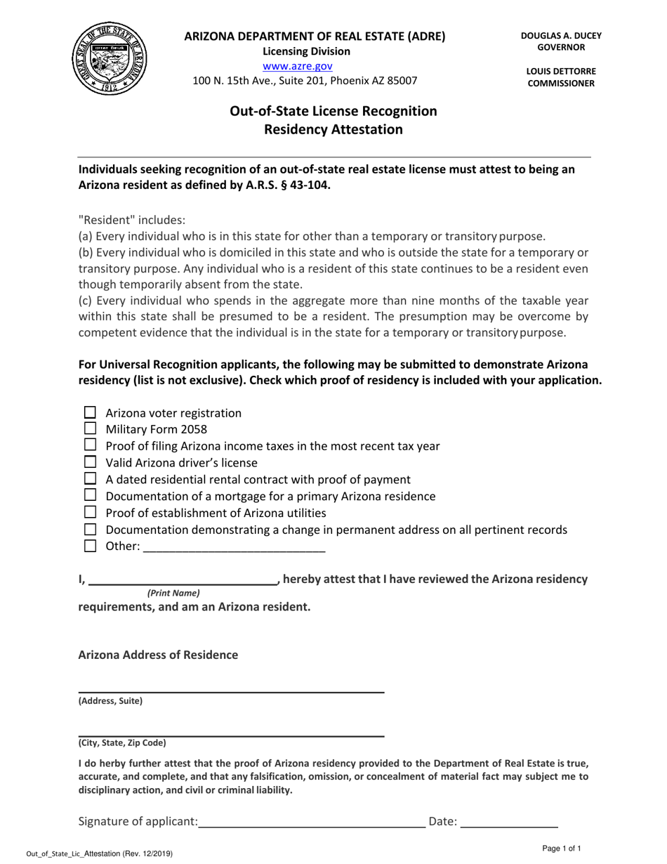 Arizona OutofState License Recognition Residency Attestation Fill
