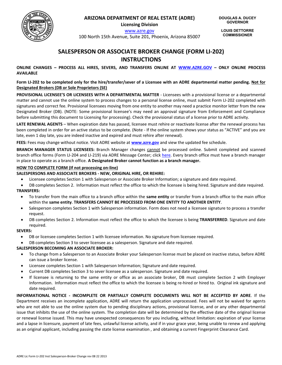 Instructions for Form LI-202 Salesperson / Associate Broker Change - Arizona, Page 1