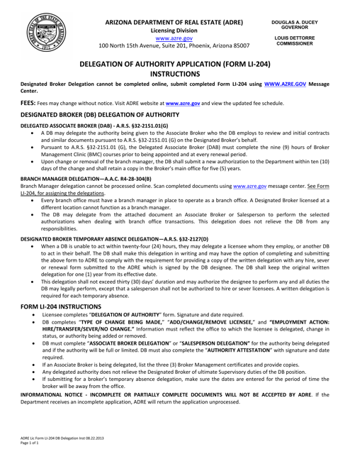 Instructions for Form LI-204 Delegation of Authority - Arizona