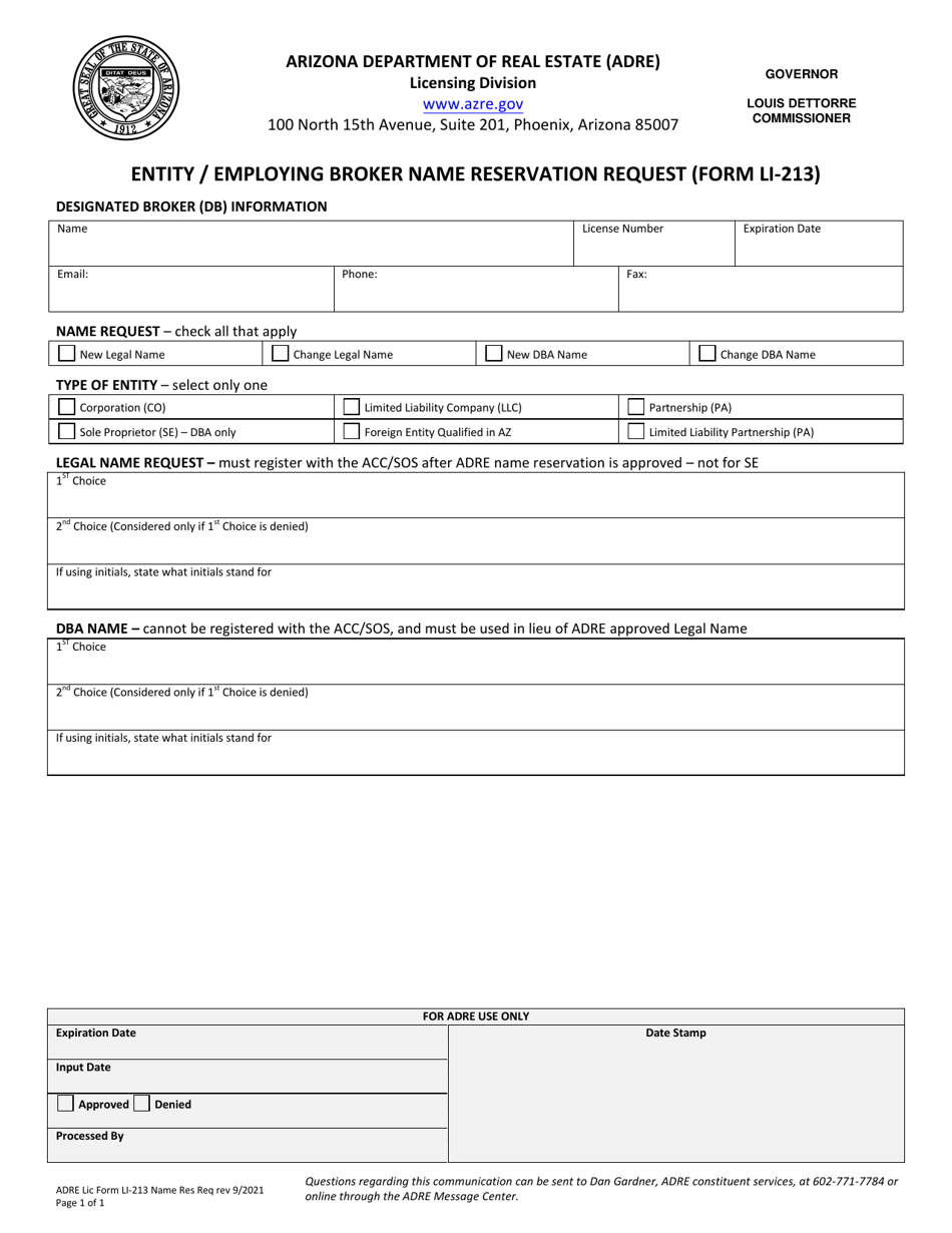 Form LI-213 Entity / Employing Broker Name Reservation Request - Arizona, Page 1