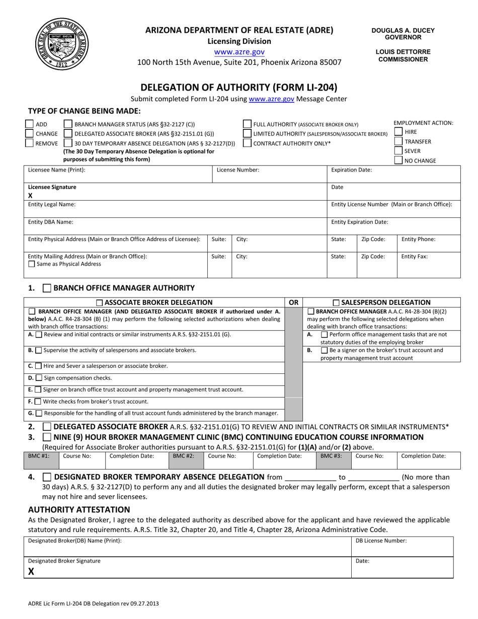 Form LI-204 Delegation of Authority - Arizona, Page 1