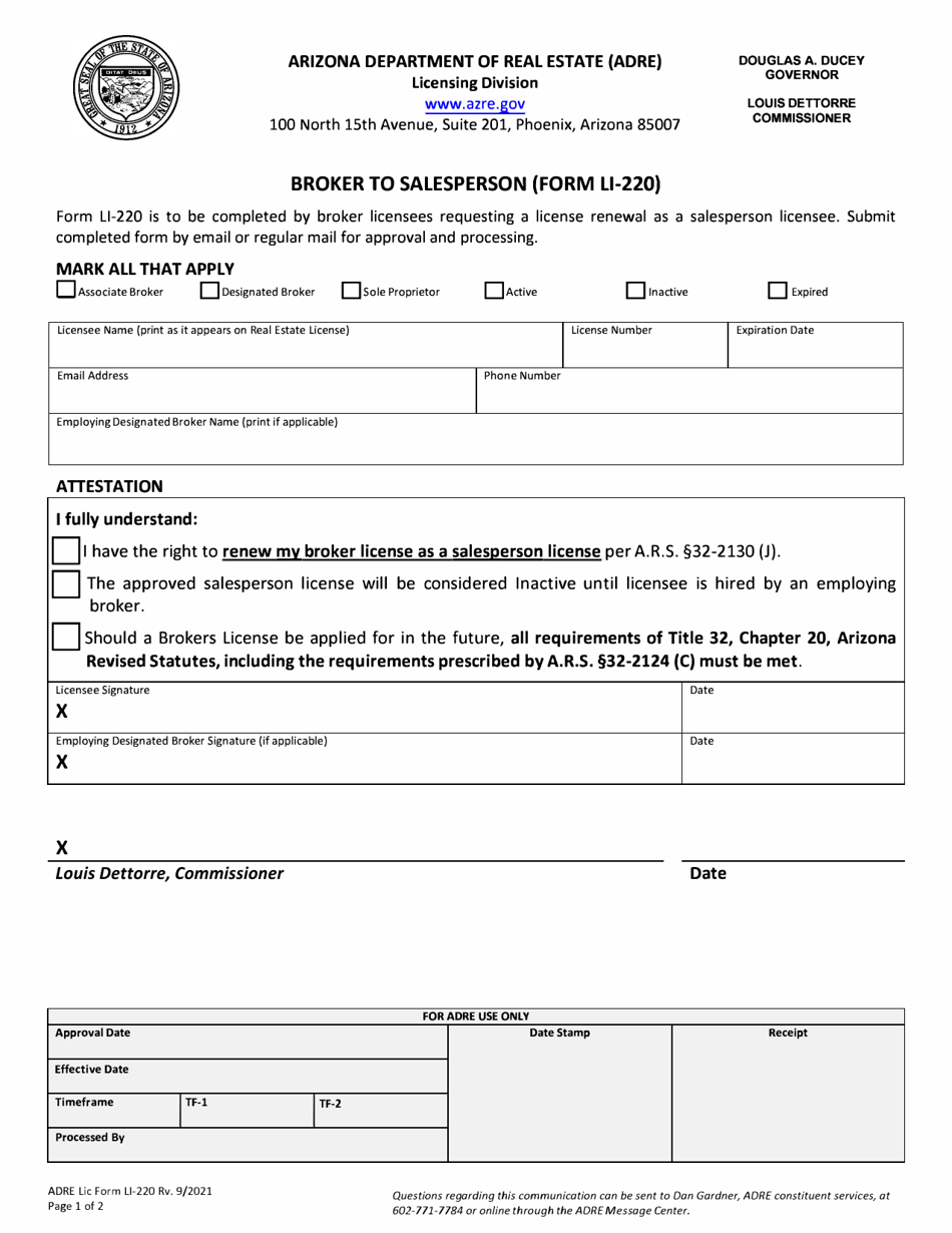 Form LI-220 Broker to Salesperson - Arizona, Page 1