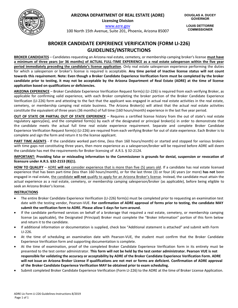 Instructions for Form LI-226 Broker Candidate Experience Verification - Arizona, Page 1