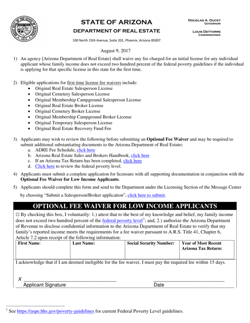 Optional Fee Waiver for Low Income Applicants - Arizona Download Pdf