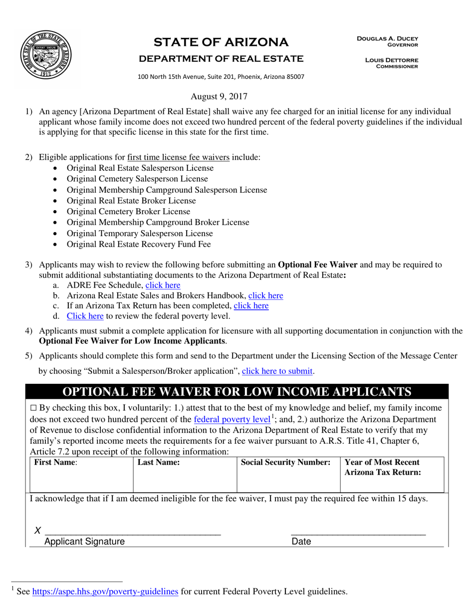 Optional Fee Waiver for Low Income Applicants - Arizona, Page 1