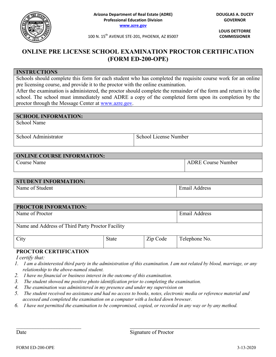 Form ED-200-OPE Online Pre License School Examination Proctor Certification - Arizona, Page 1