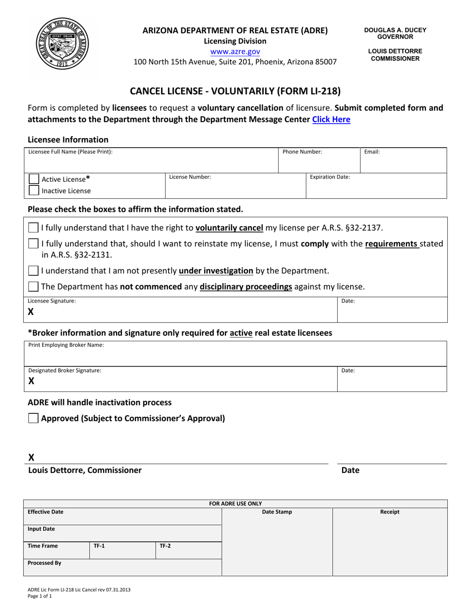 Form LI-218 Cancel License - Voluntarily - Arizona, Page 1