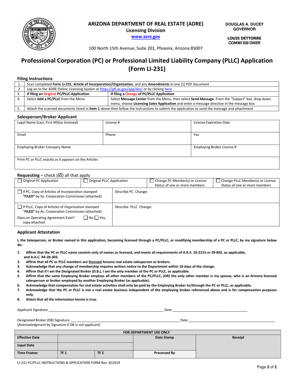 Form LI-231 Professional Corporation (Pc) or Professional Limited Liability Company (Pllc) Application - Arizona, Page 2
