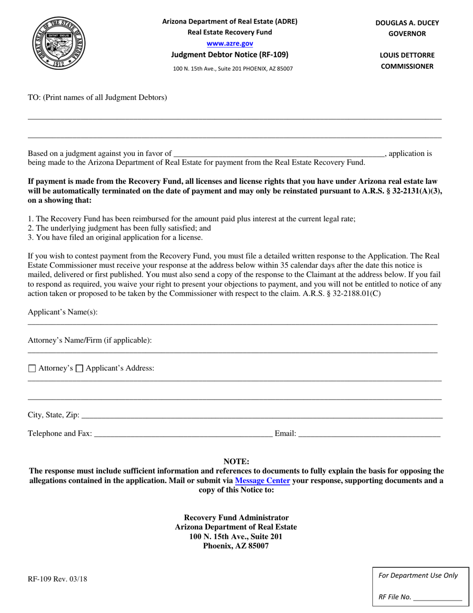 Form RF-109 Judgment Debtor Notice - Arizona, Page 1