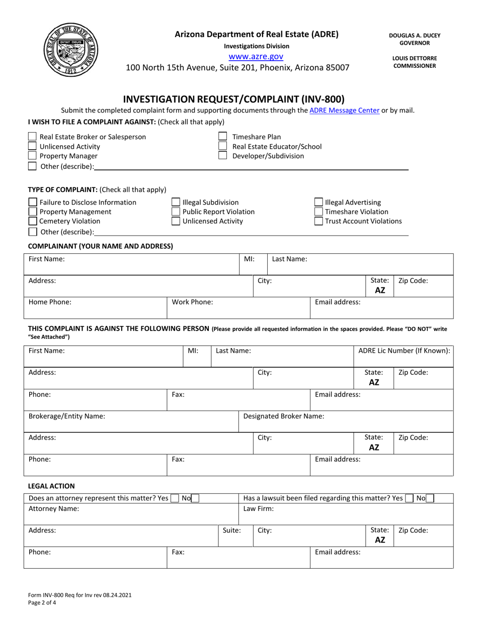 Form INV-800 Investigation Request / Complaint - Arizona, Page 2