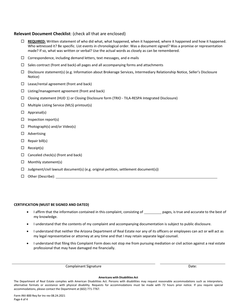 Form INV-800 Investigation Request / Complaint - Arizona, Page 4
