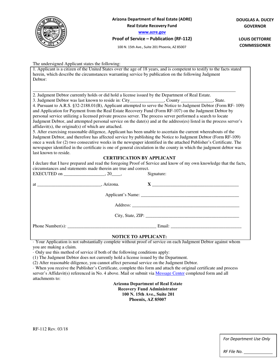 Form RF-112 Proof of Service - Publication - Arizona, Page 1