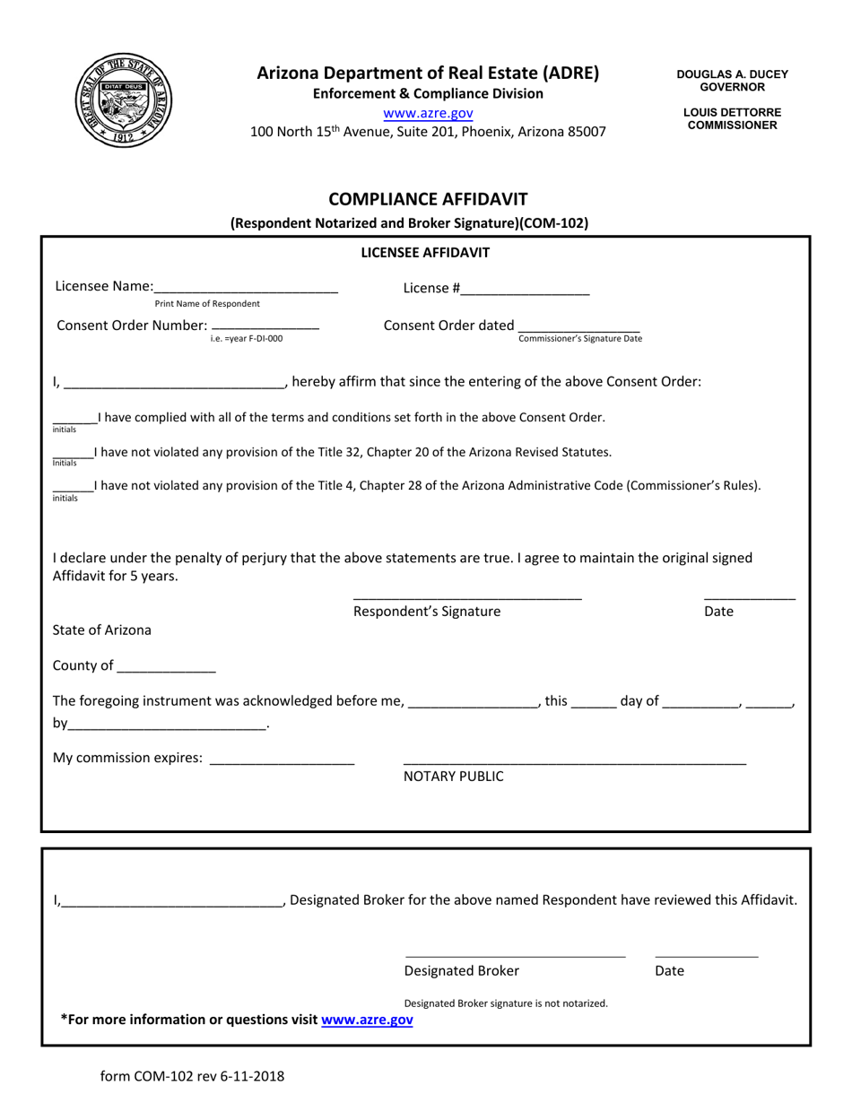 Form COM-102 Compliance Affidavit (Respondent Notarized and Broker Signature) - Arizona, Page 1