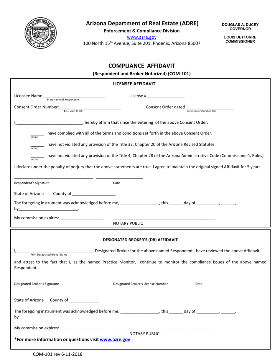 Form COM-101 Compliance Affidavit (Respondent and Broker Notarized) - Arizona, Page 1