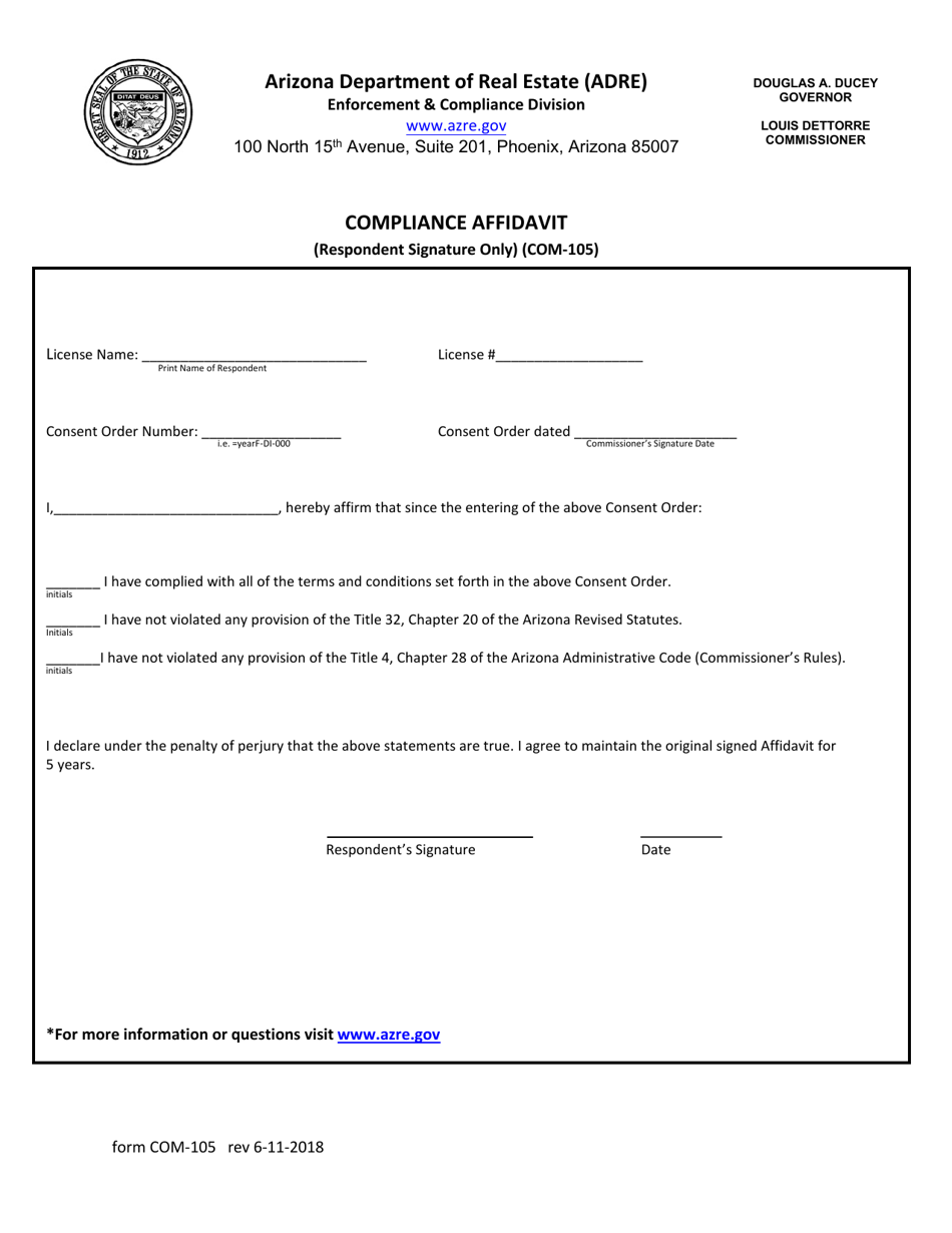 Form COM-105 Compliance Affidavit (Respondent Signature Only) - Arizona, Page 1