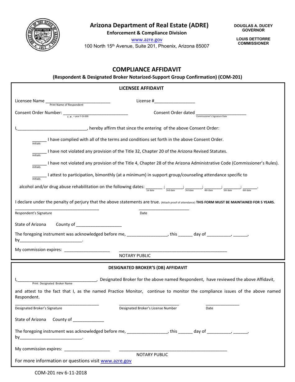 Form COM-201 Compliance Affidavit (Respondent  Designated Broker Notarized-Support Group Confirmation) - Arizona, Page 1