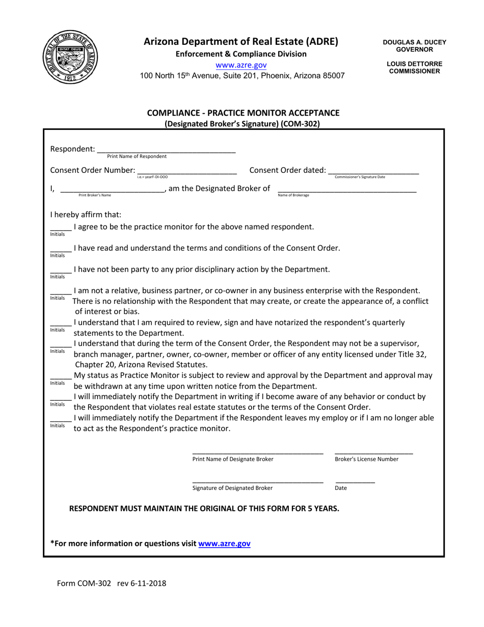 Form COM-302 Compliance - Practice Monitor Acceptance (Designated Brokers Signature) - Arizona, Page 1
