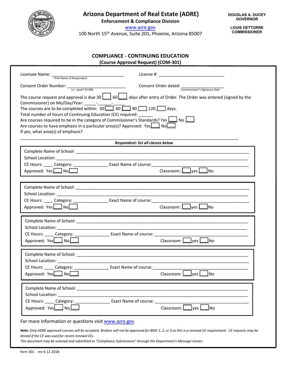 Form COM-301 Compliance - Continuing Education (Course Approval Request) - Arizona, Page 1