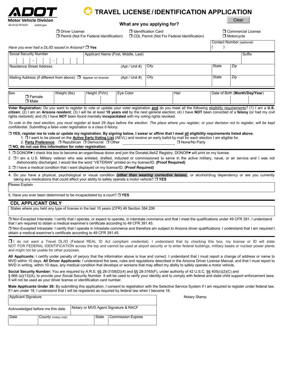 Form 40-5122 Travel License / Identification Application - Arizona, Page 1