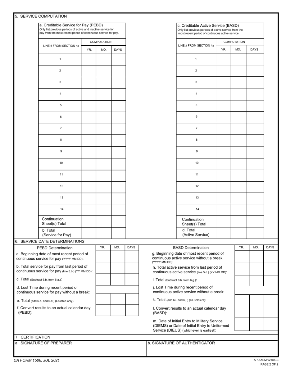 DA Form 1506 Statement of Service - for Computation of Length of Service for Pay Purposes, Page 2