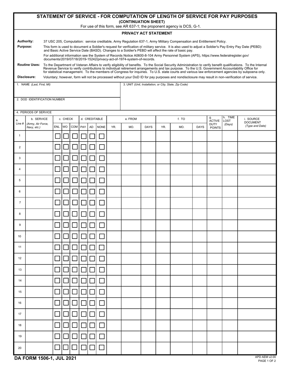DA Form 1506-1 Statement of Service - for Computation of Length of Service for Pay Purposes (Continuation Sheet), Page 1