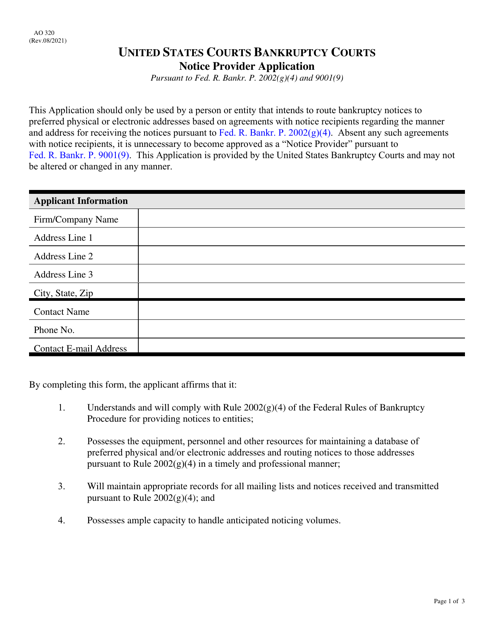 Form AO320 Notice Provider Application