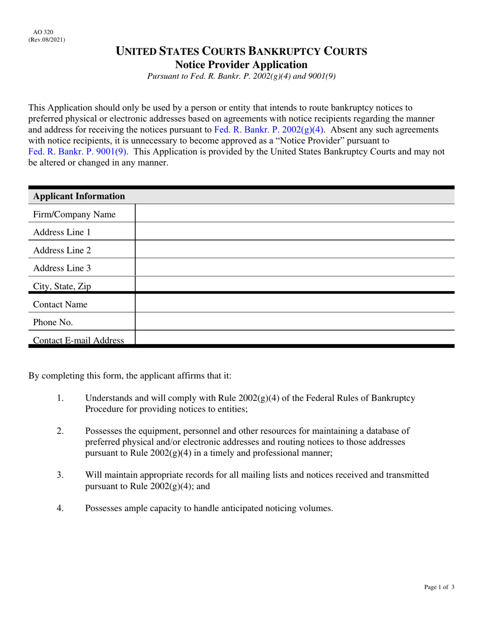 Form AO320 Notice Provider Application, Page 1